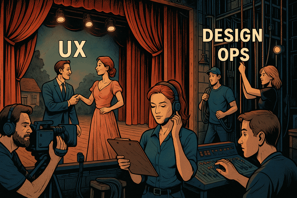 An illustration of a theatre performance showing people on stage and behind curtains. Those on stage are titled UX, those behind the curtains are titled Design Ops.