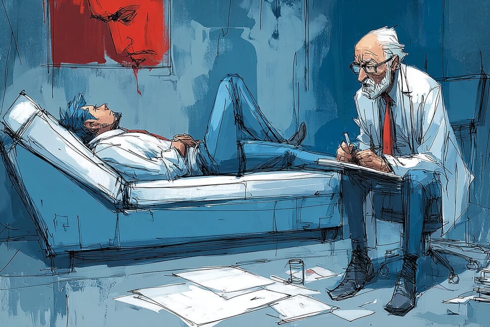 A psychiatrist speaks to a patient lying on a couch.