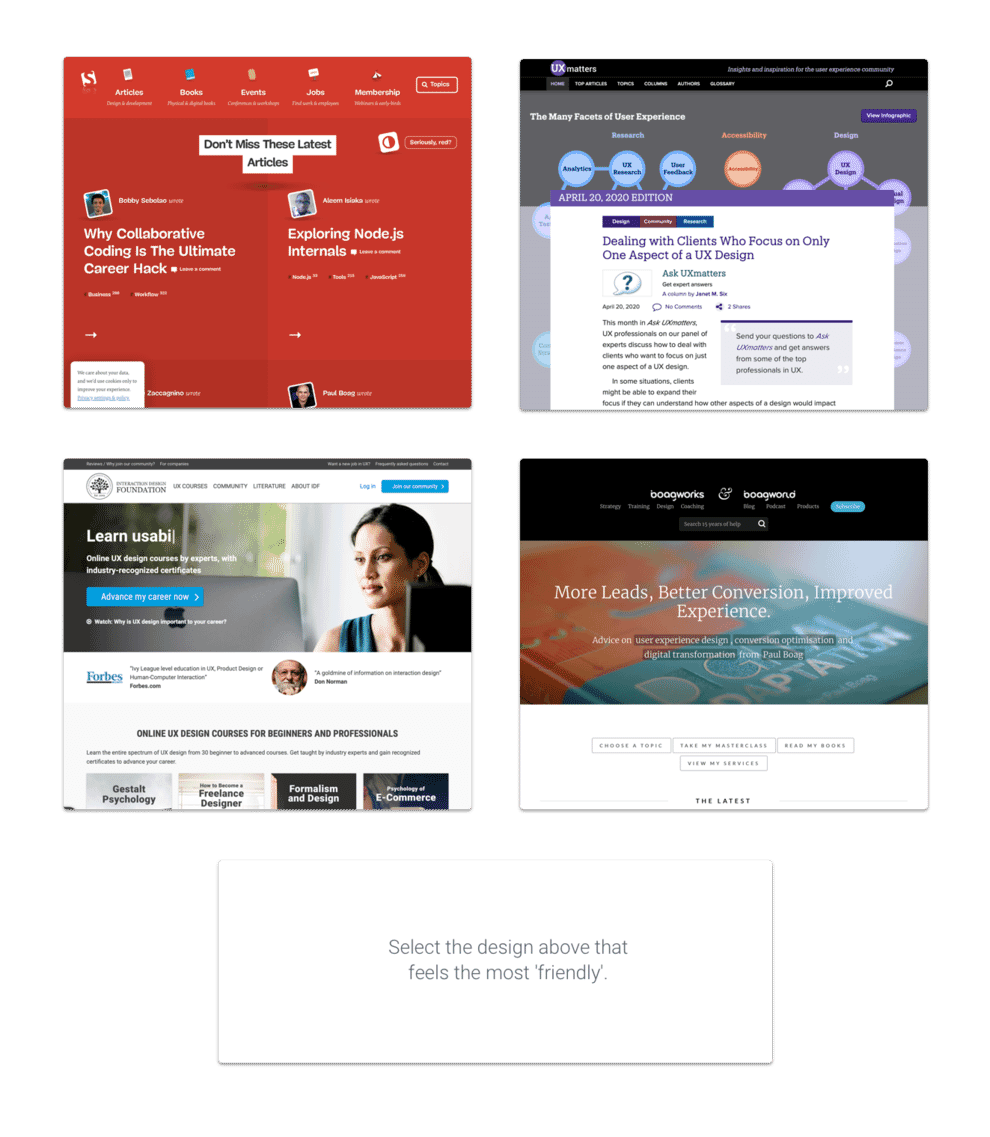 An aesthetic survey asking people to choose between competitor websites