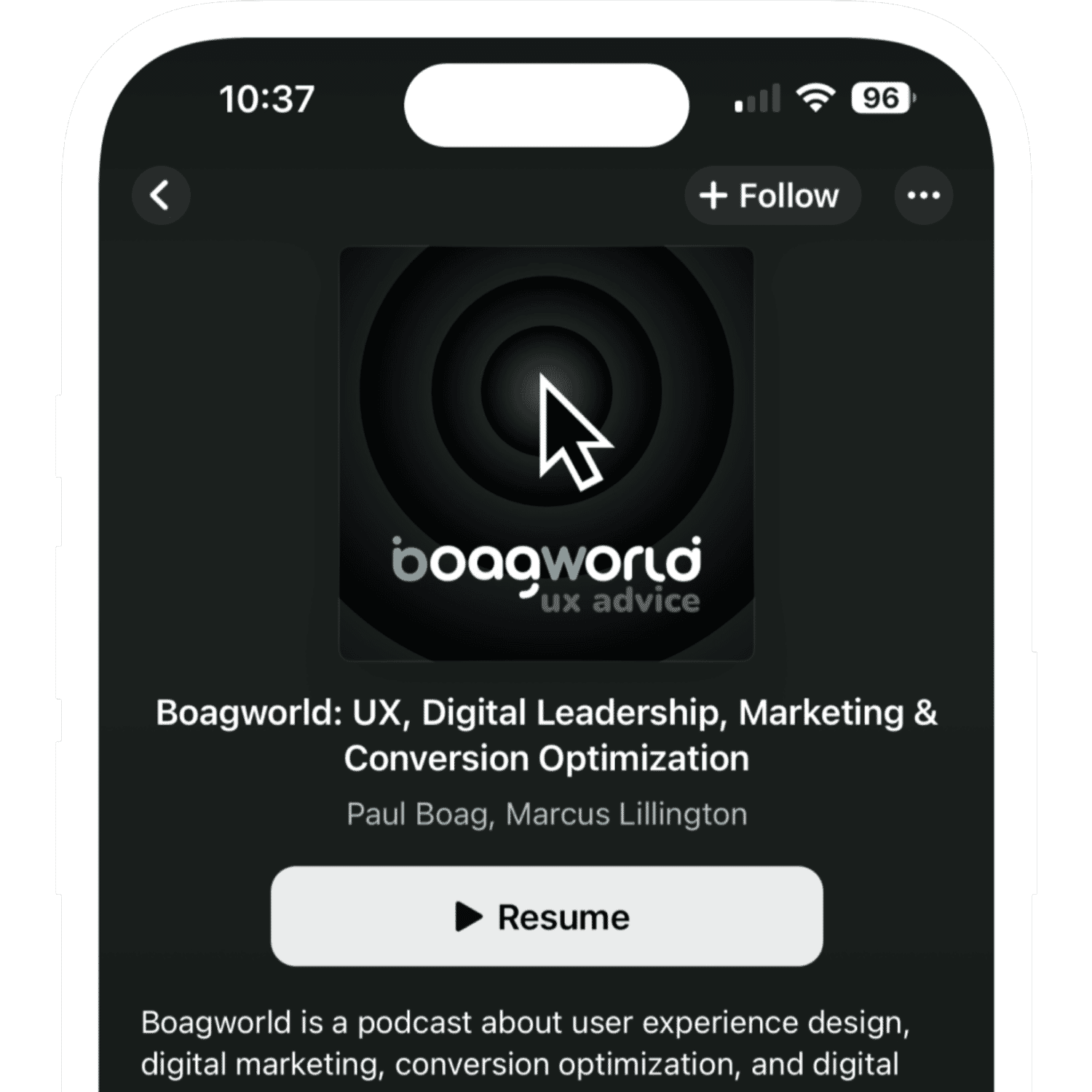 A screenshot of the Boagworld Podcast on Apple Podcasts, displayed on an iPhone.