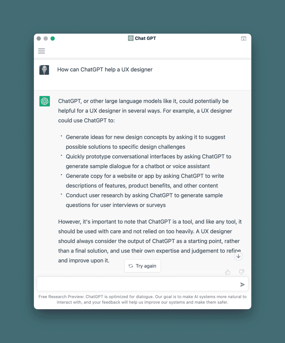 ChatGPT explaining in its own words how it can help a UX designer.
