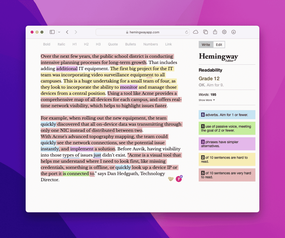 Hemingway App shows quite how bad the copy is.