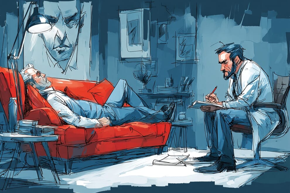 A psychiatrist talks to a patient who is lying on a couch