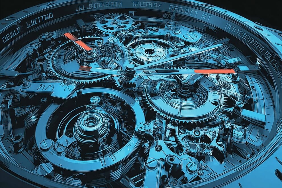 The inside of a watch full of cogs, gears and springs.