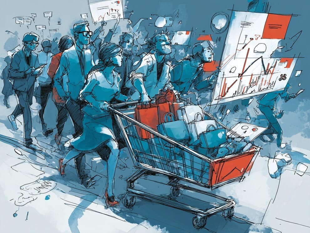 People pushing a shopping cart while looking at a website. 