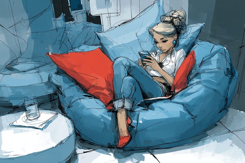 A woman comfortably reclining in a big armchair.