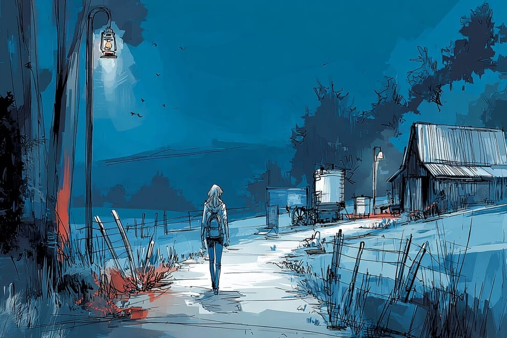 A woman walks down a well lit path