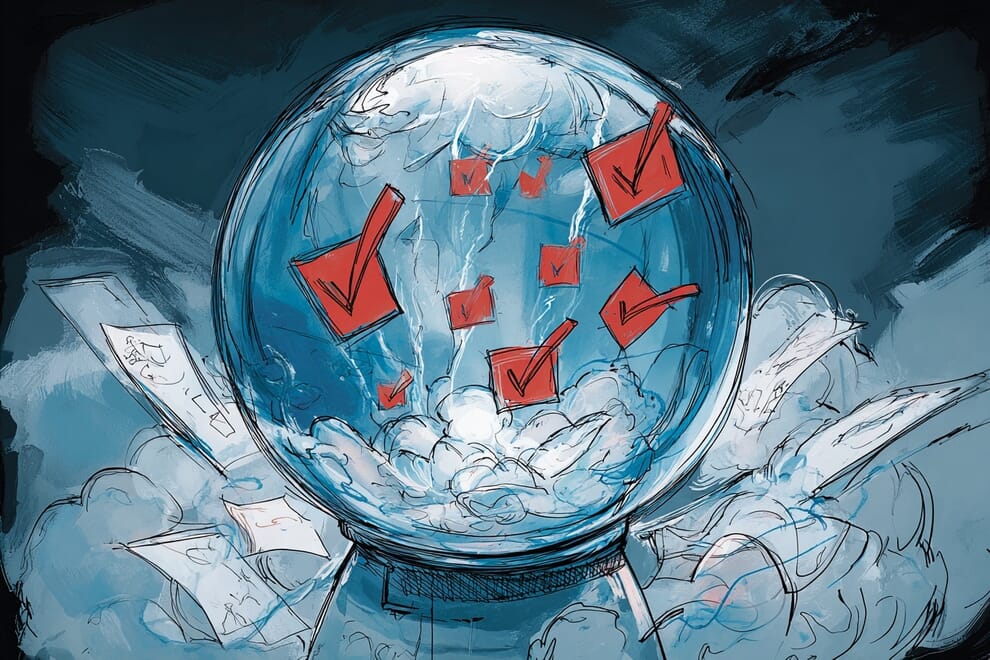 Check marks float around inside of a crystal ball.