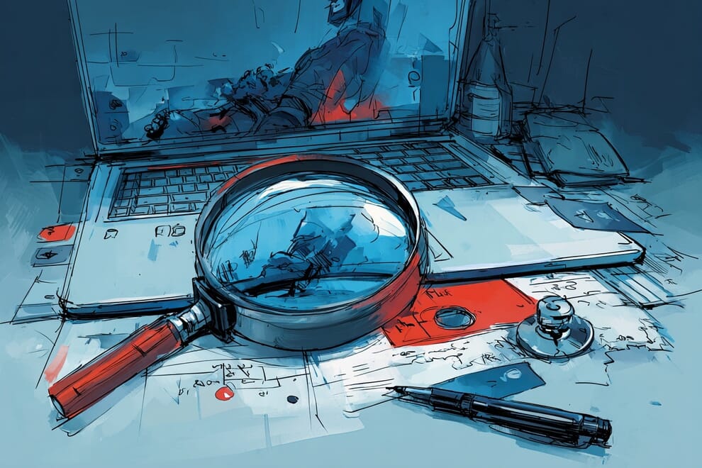 A magnifying glass lies on a laptop.