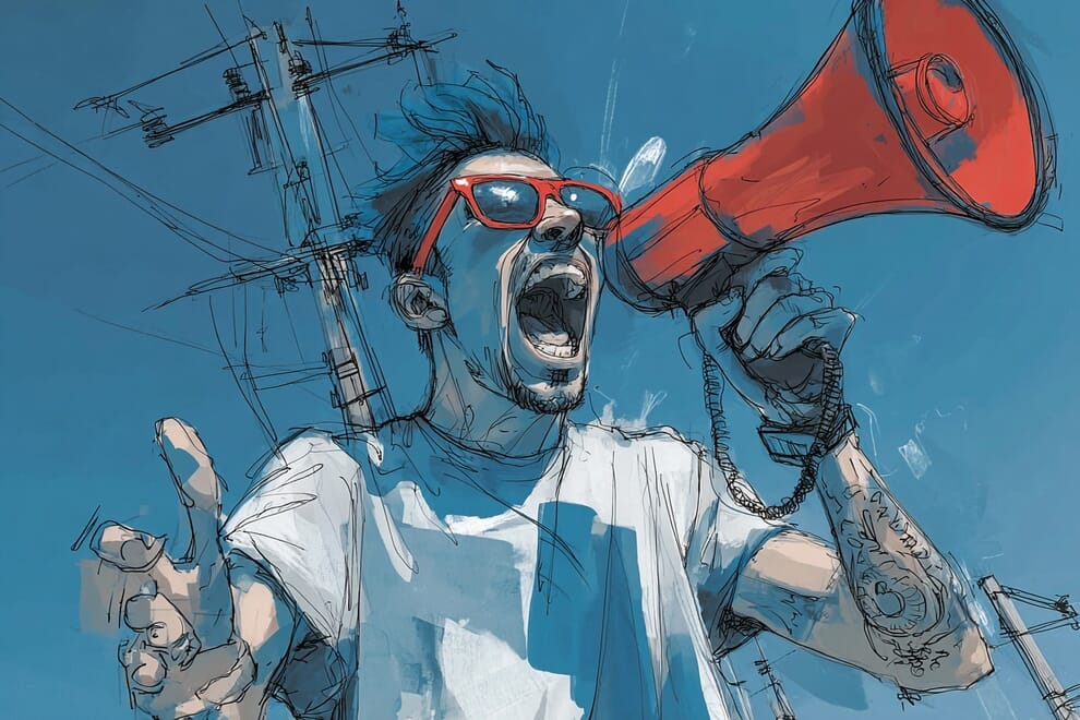 A person shouting enthusiastically through a megaphone