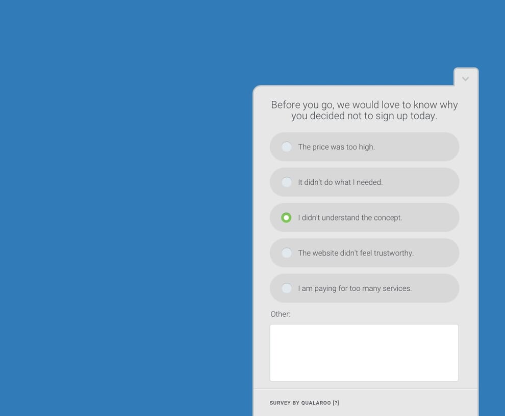 Exit intent survey on the software as a service landing page.