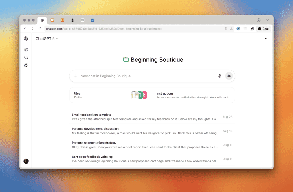 A project in ChatGPT containing user research