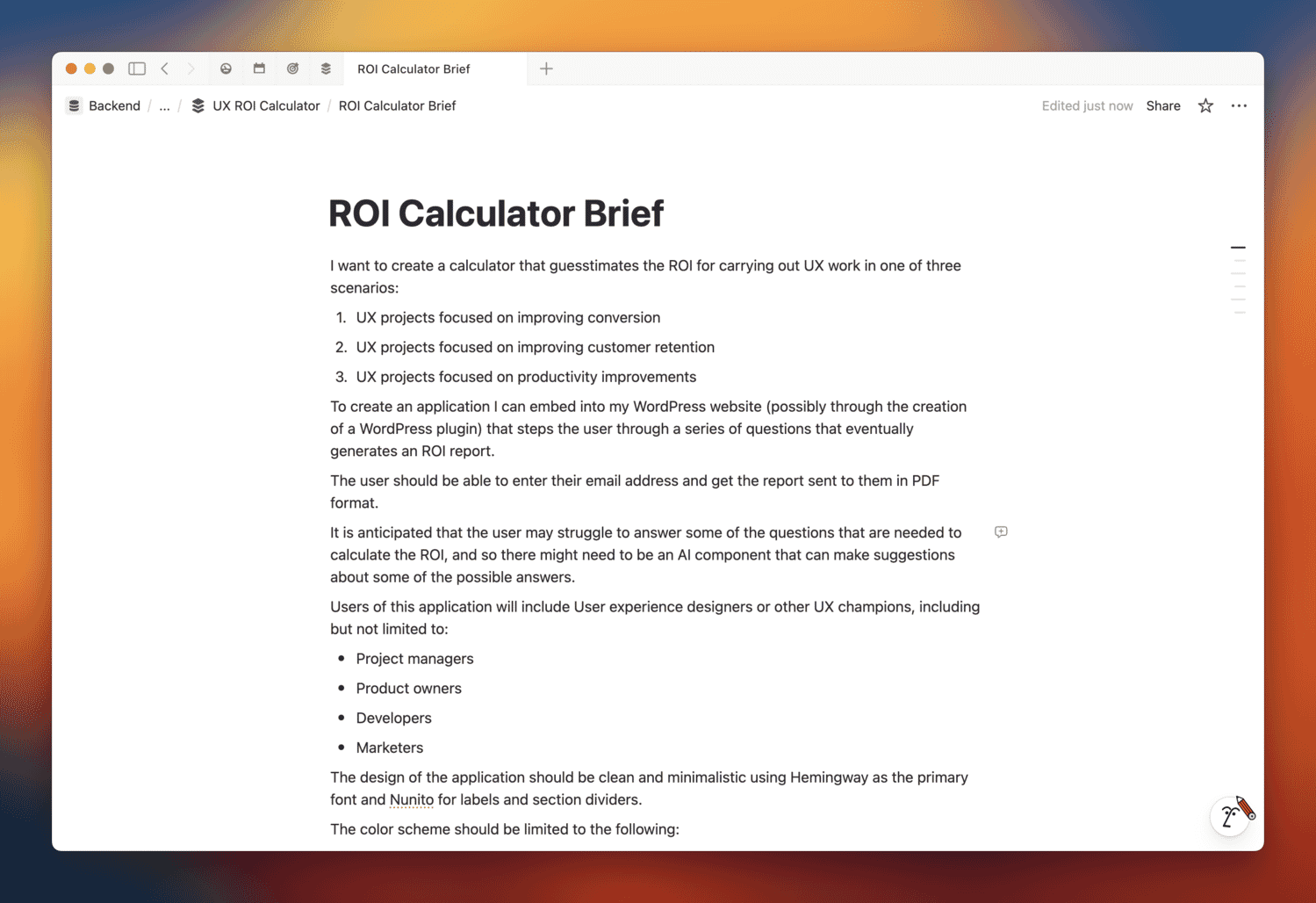 Brief do calculador de ROI
