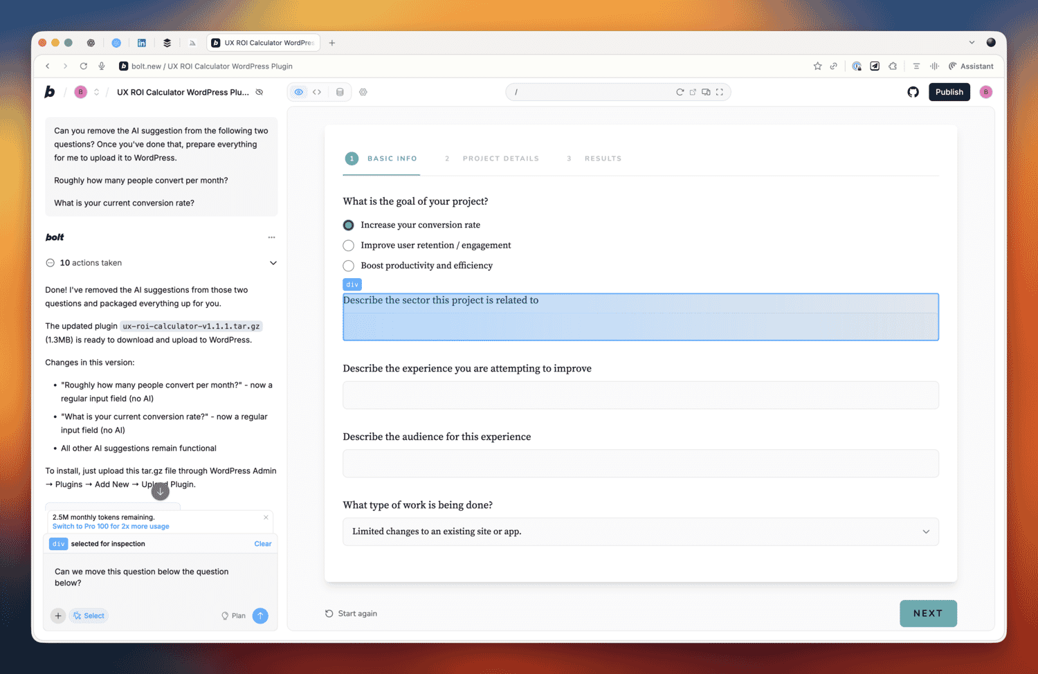A screenshot of me creating the application in Bolt. 