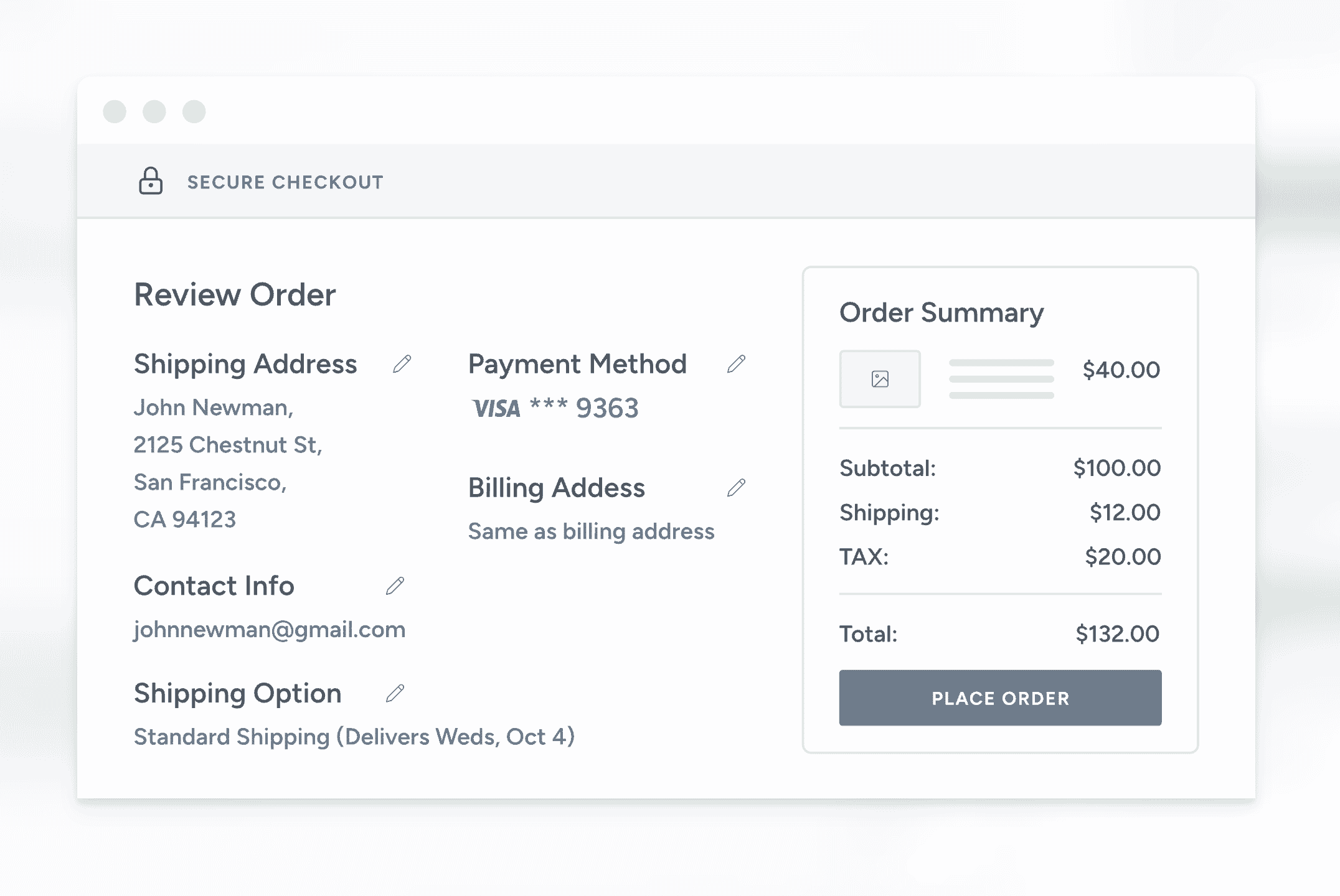 An order summary screen showing all the details relating to the order.