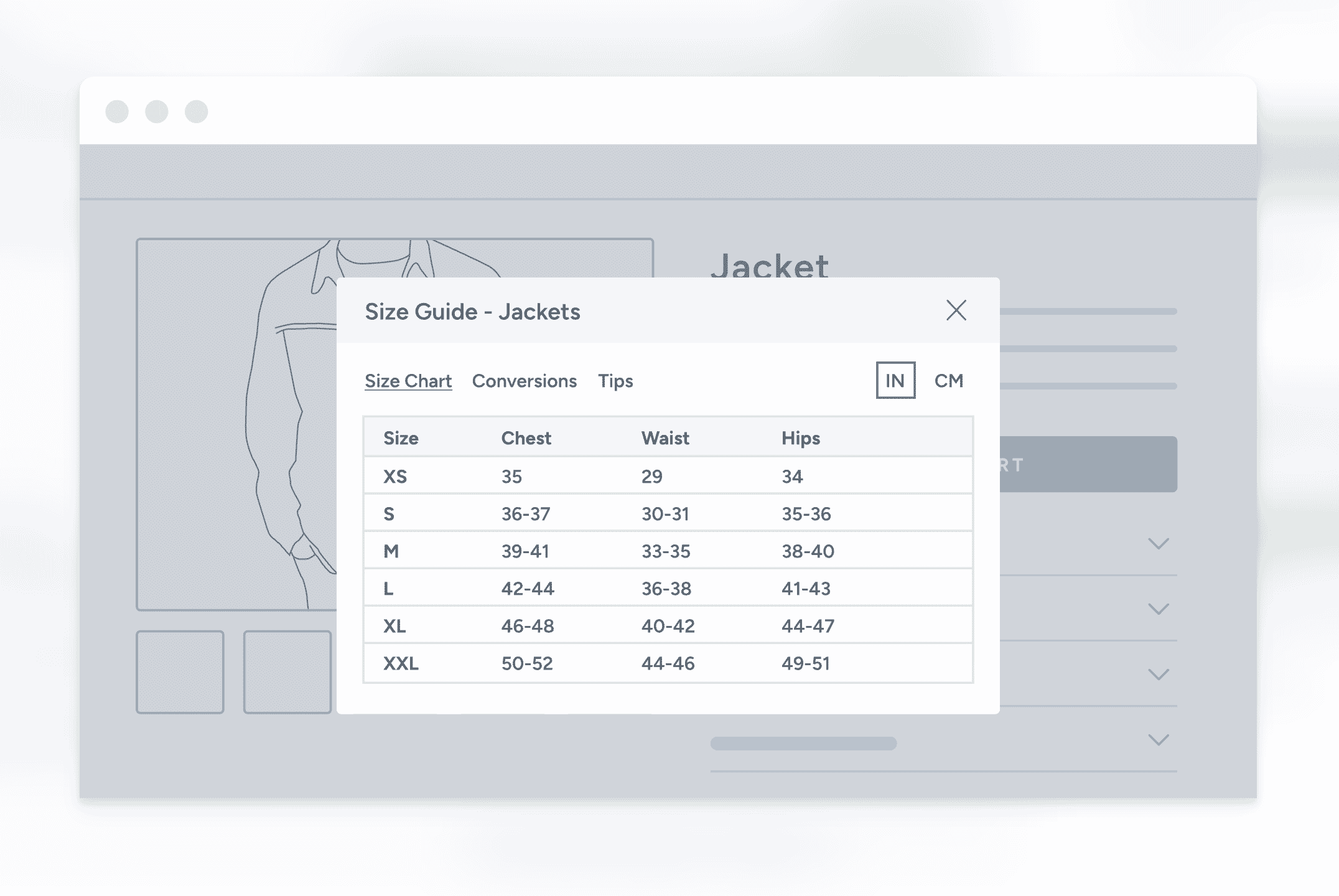 A sizing guide for a jacket, including information on the chest, waist, and hip sizes.