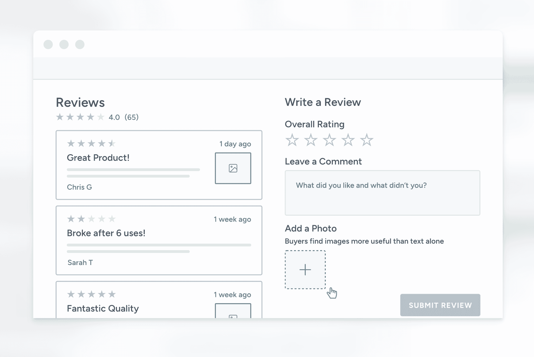A user interface that enables users to upload photographs alongside their review.