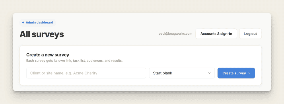 Survey creation dashboard interface