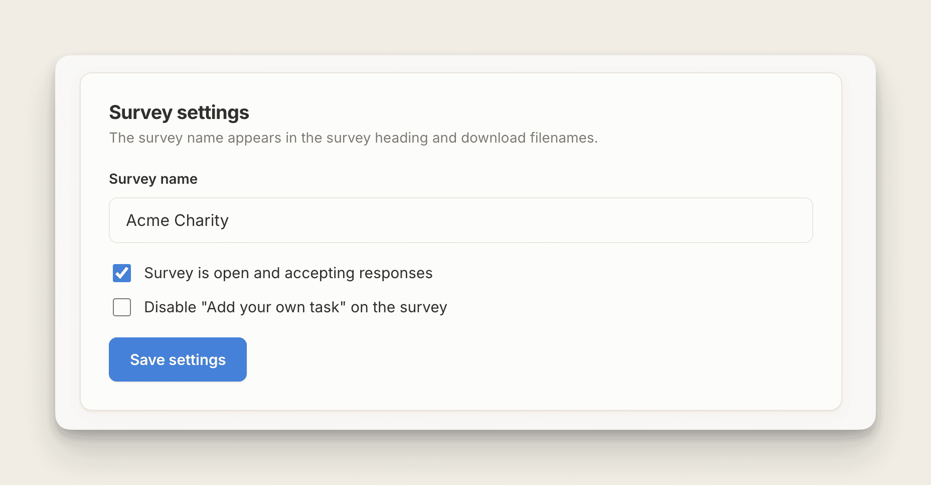 Survey settings for Acme Charity