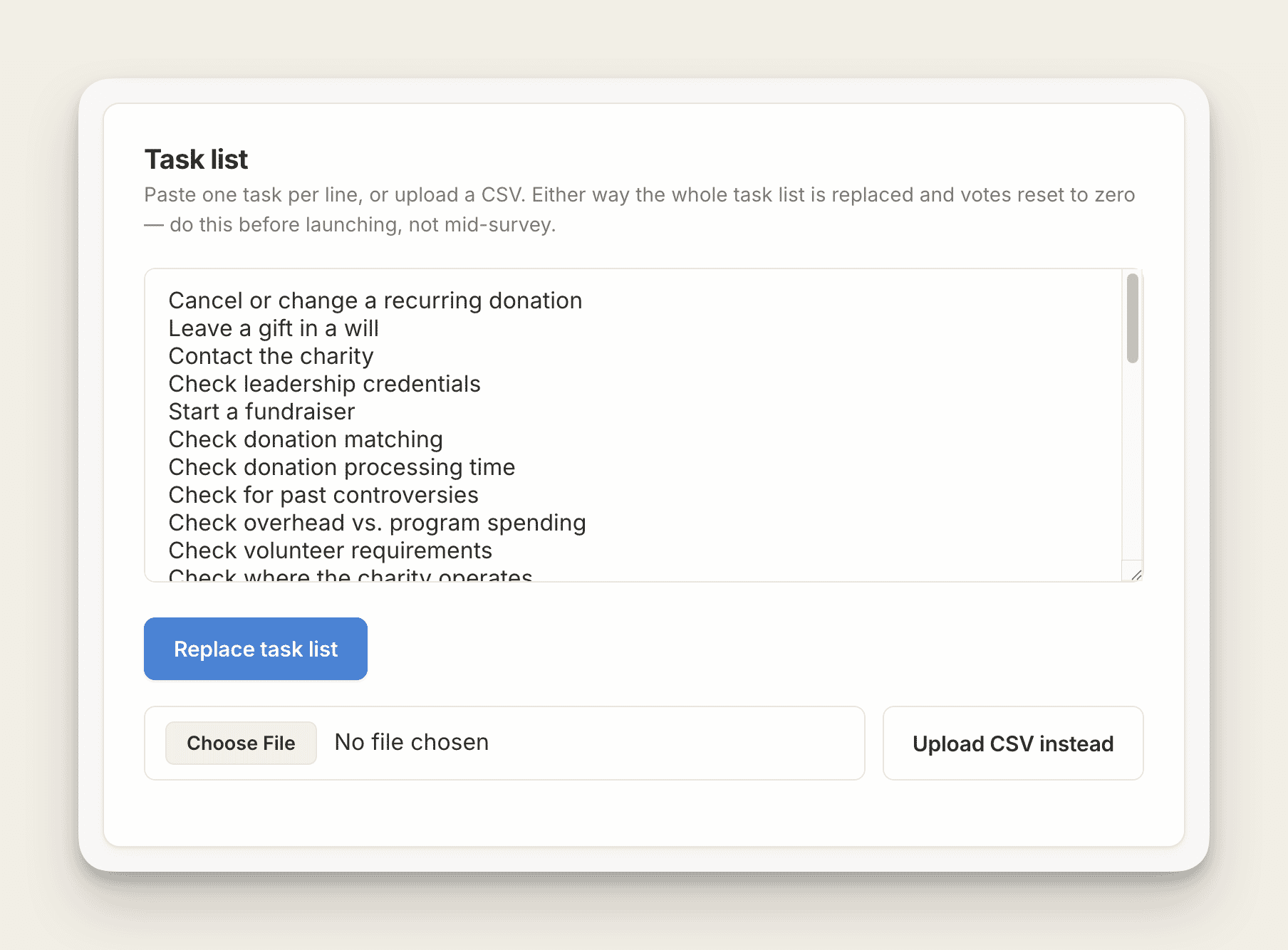 Task list for charity donations management