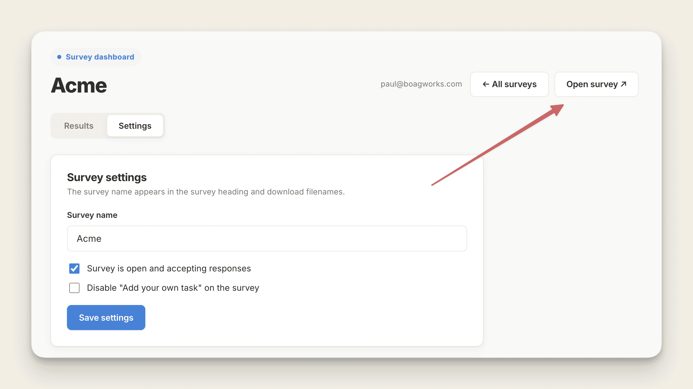 Survey dashboard with an arrow pointing at open survey button.