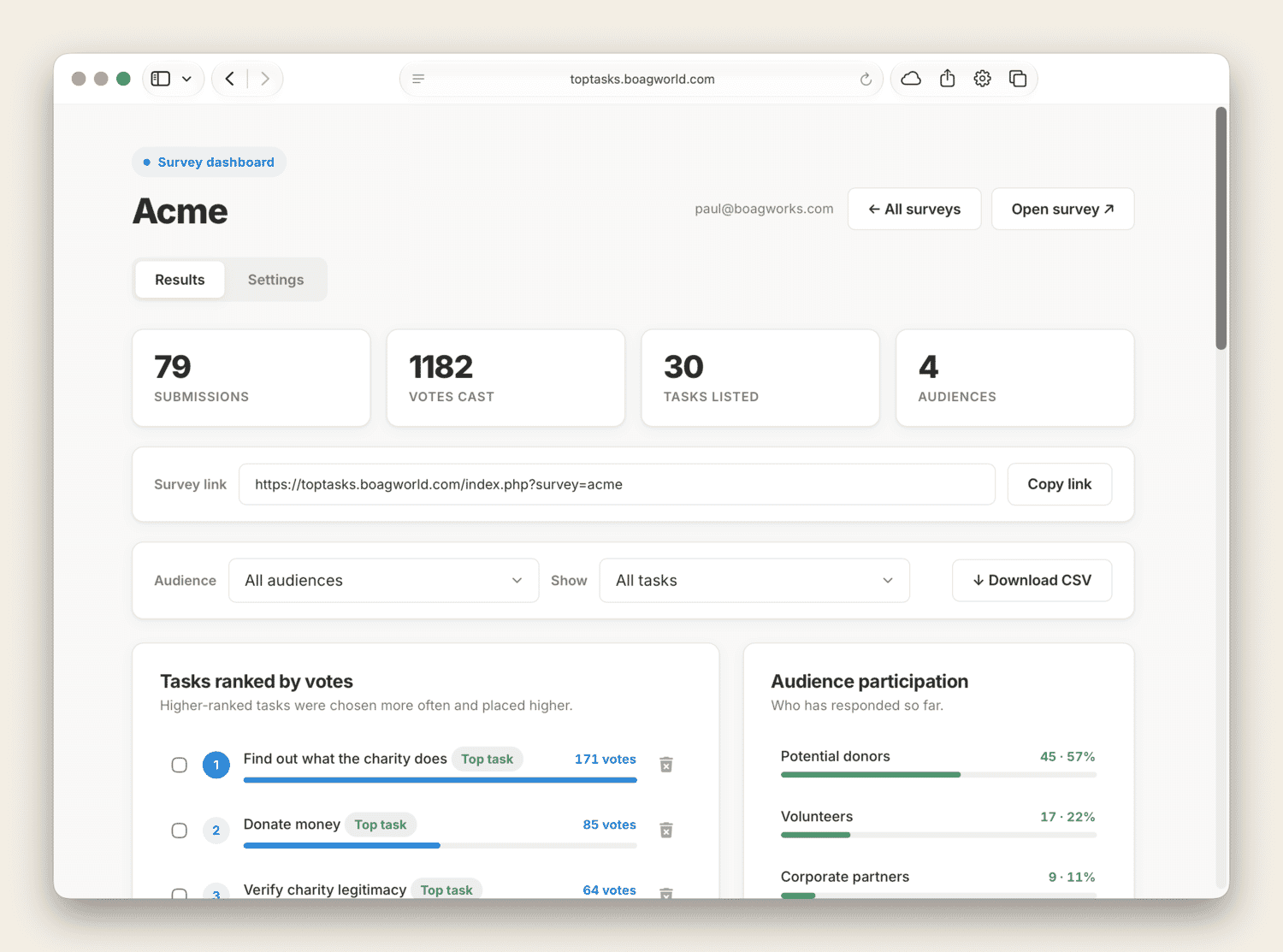Screenshot of my Top Task Analysis App.
