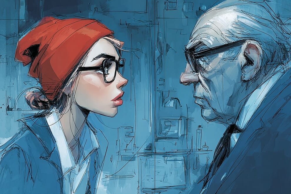 A woman wearing a beanie, glasses and casual clothes talks confidently with an older business man.