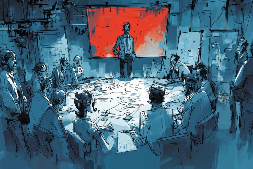 A presenter presents to a room full of people
