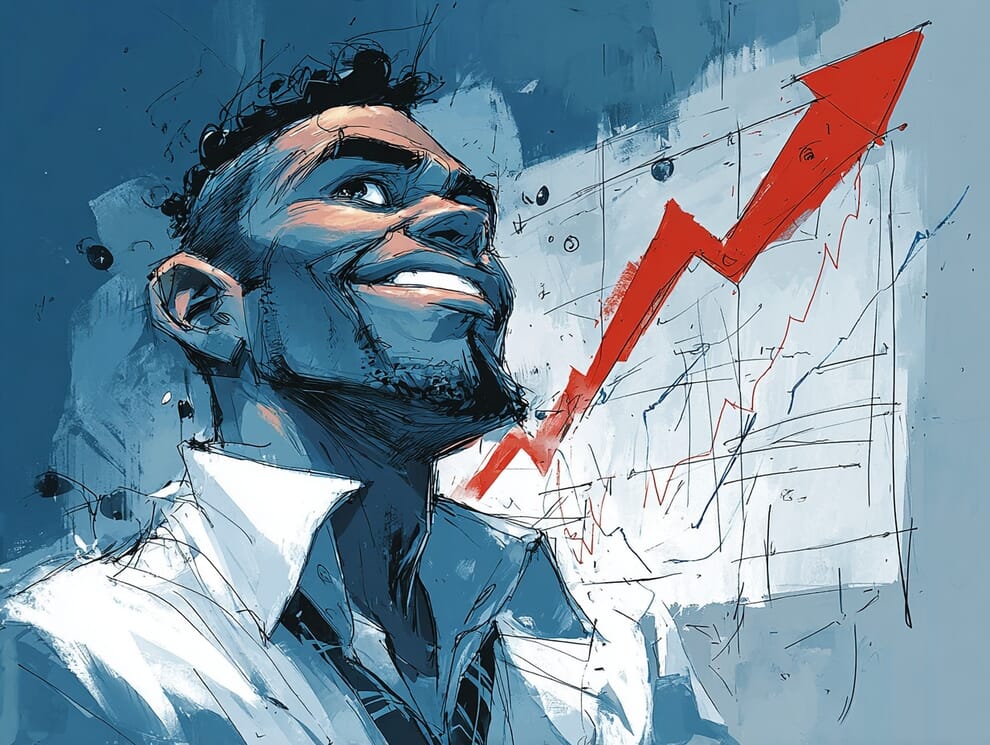 A smiling marketer looking at a chart line trending up. 