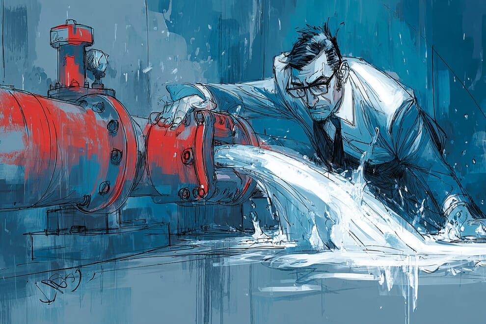 A man looks on in horror at a leaking pipe.