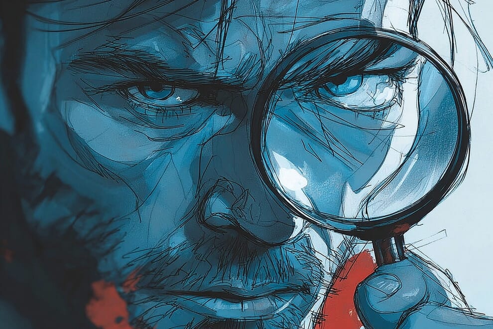 A man is looking through a magnifying glass
