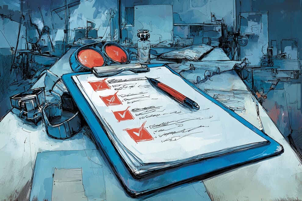 A clipboard lies on a desk with a series of tasks checked off written on it.