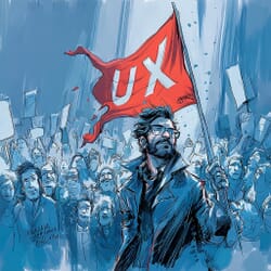 A UX leader folds a flag showing the word "UX"