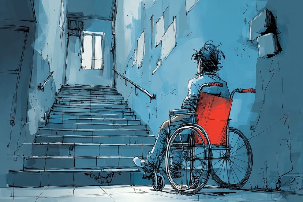 A person in a wheelchair at the bottom of a flight of stairs