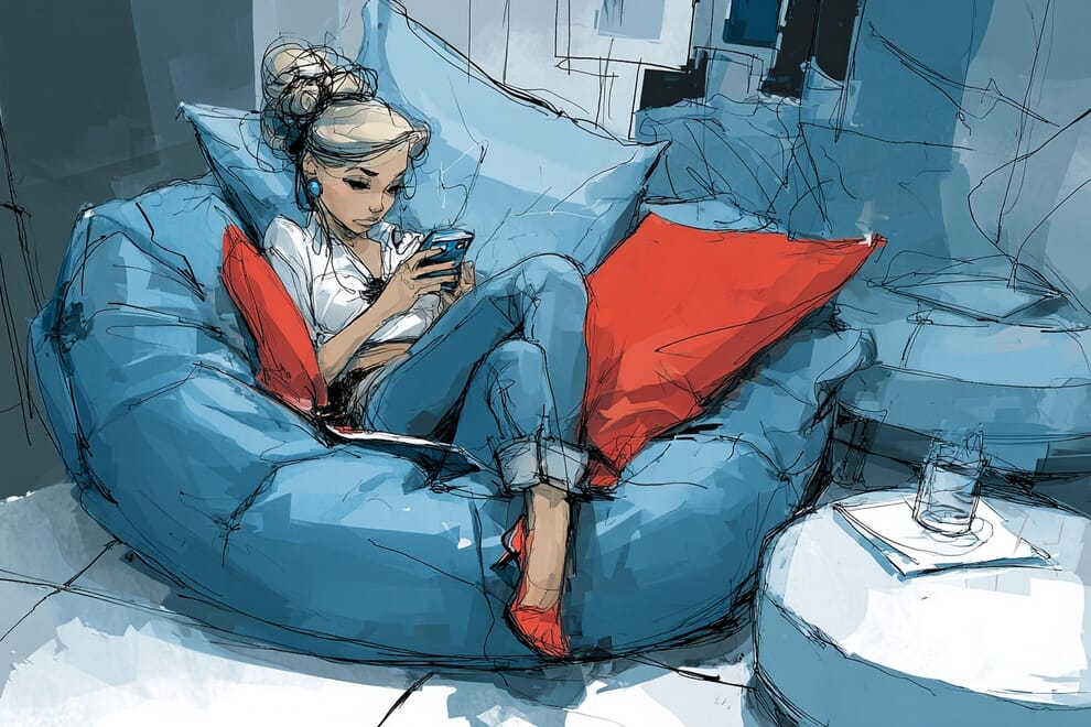 A woman curled up in an oversized armchair scrolling on her mobile.