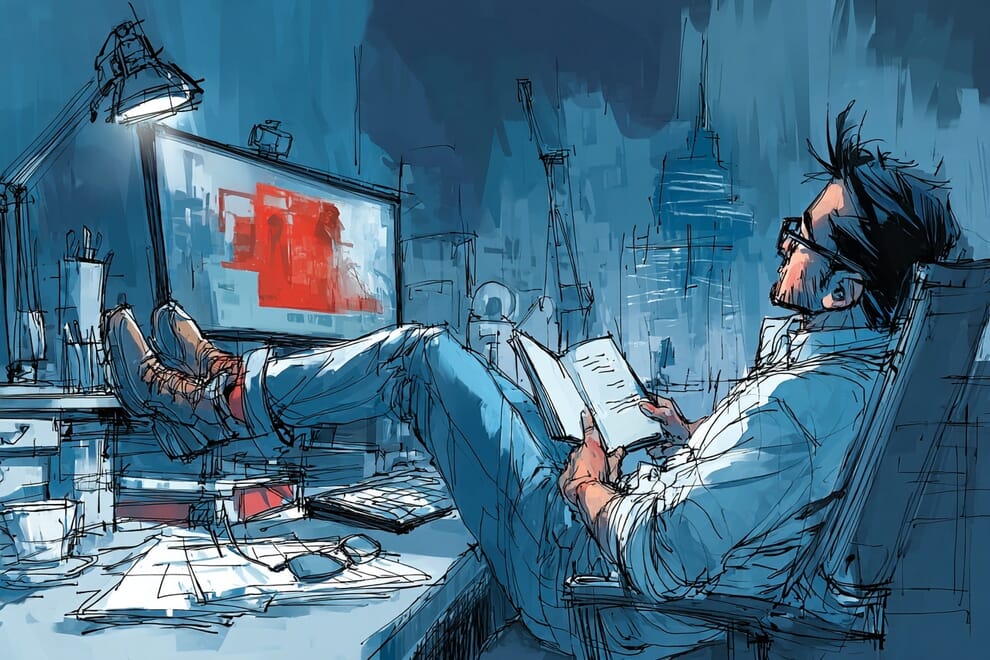 A web designer sits at his desk reading a book while glancing at a screen.