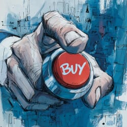 A hand posed over a buy button