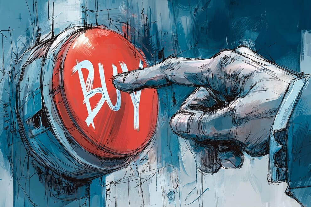 A hand reaches out to press a buy button