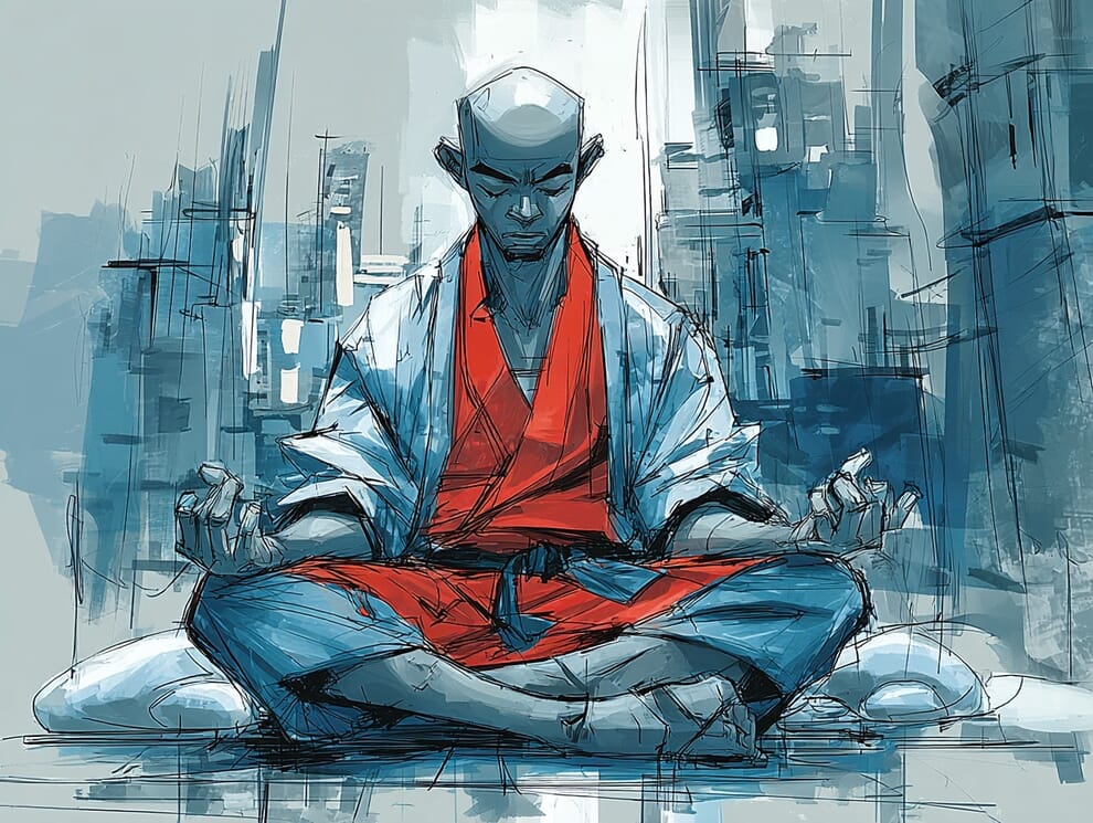 A Buddhist monk sitting meditating. 