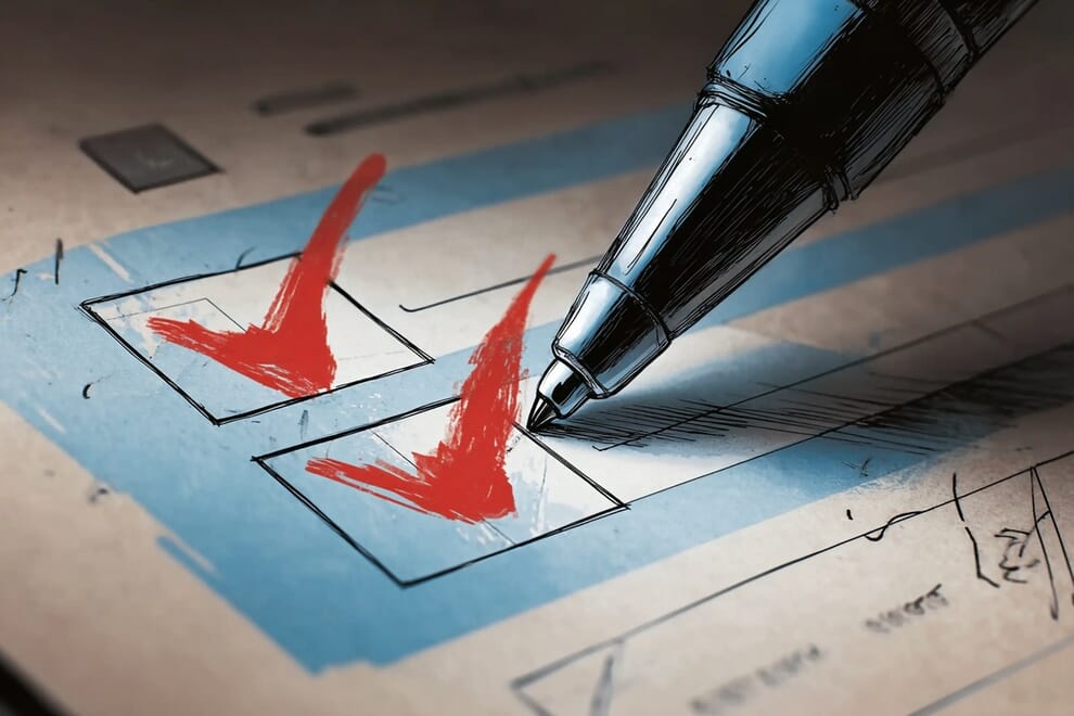 A close up of a box on a form with a handwritten check mark in it.