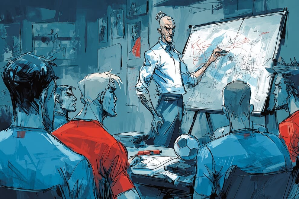 a soccer coach explaining a play on a whiteboard to his team
