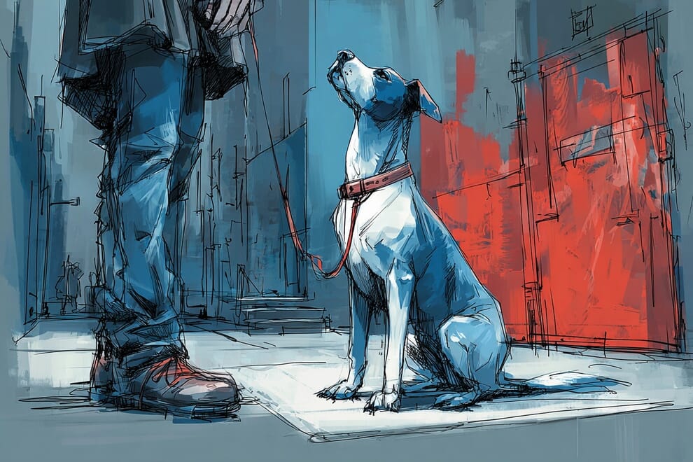 A well behaved dog looks up at his owner expectantly.