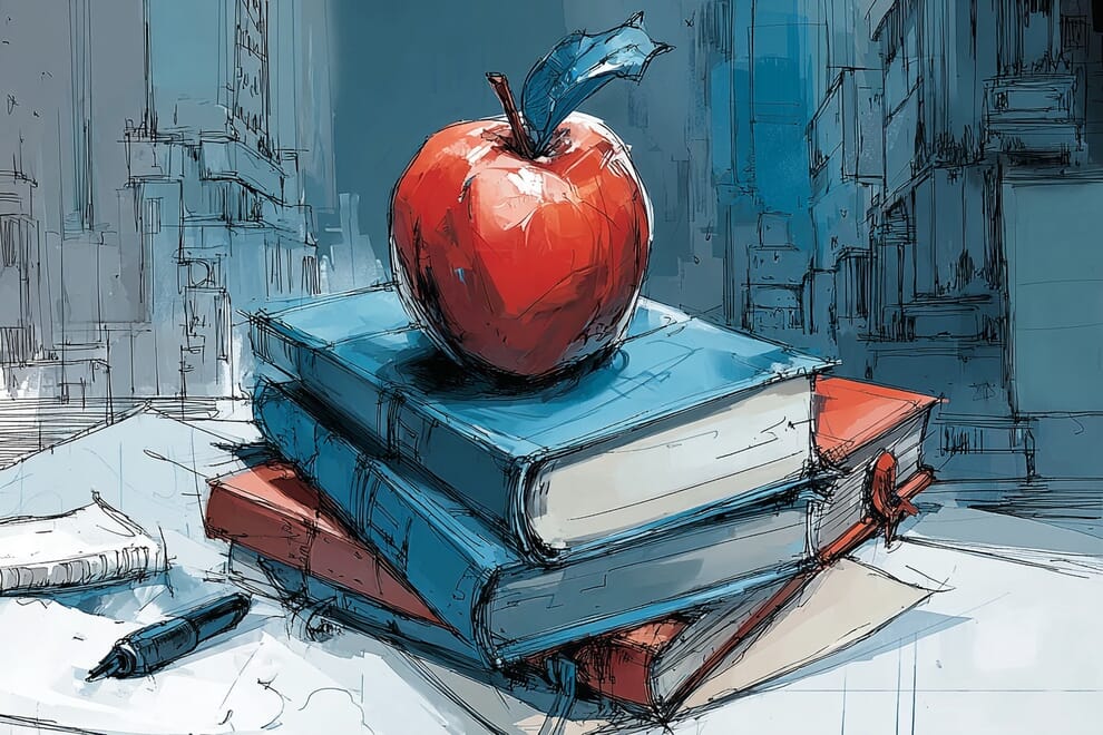 An apple sits on a pile of books