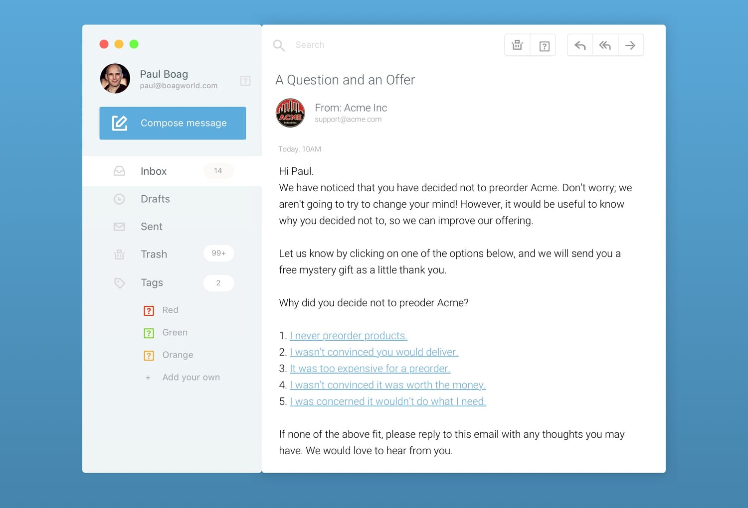 Email Survey for SaaS waiting list emails.
