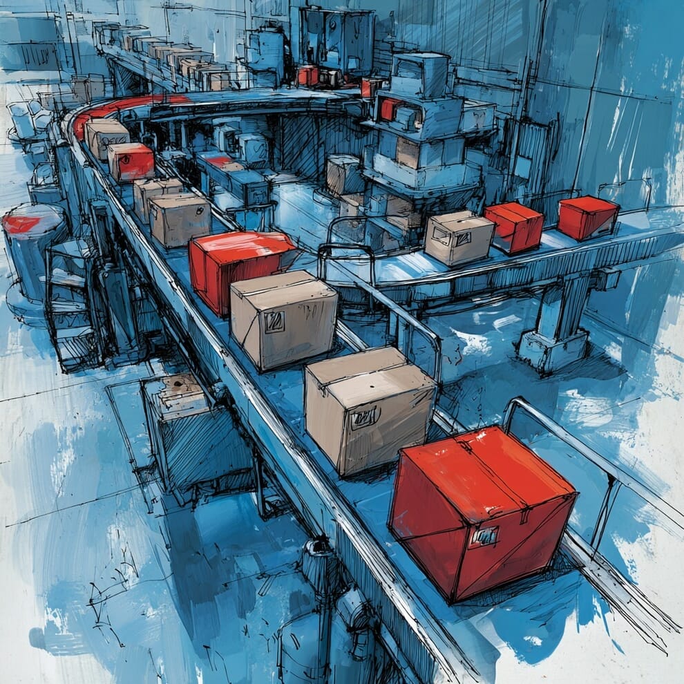 Boxes moving down a factory production line.