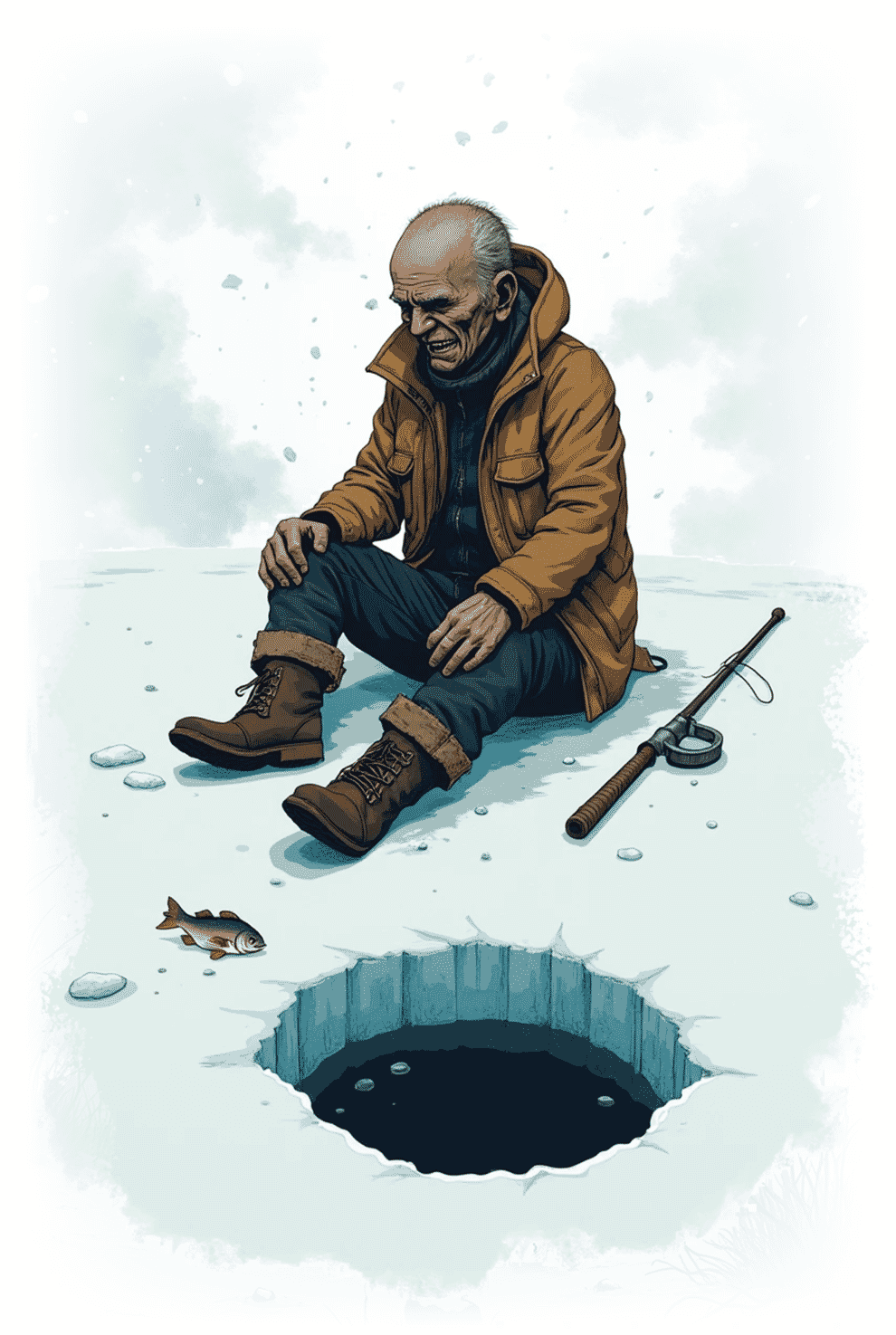 A fisherman sitting by an ice hole looking hungry and cold