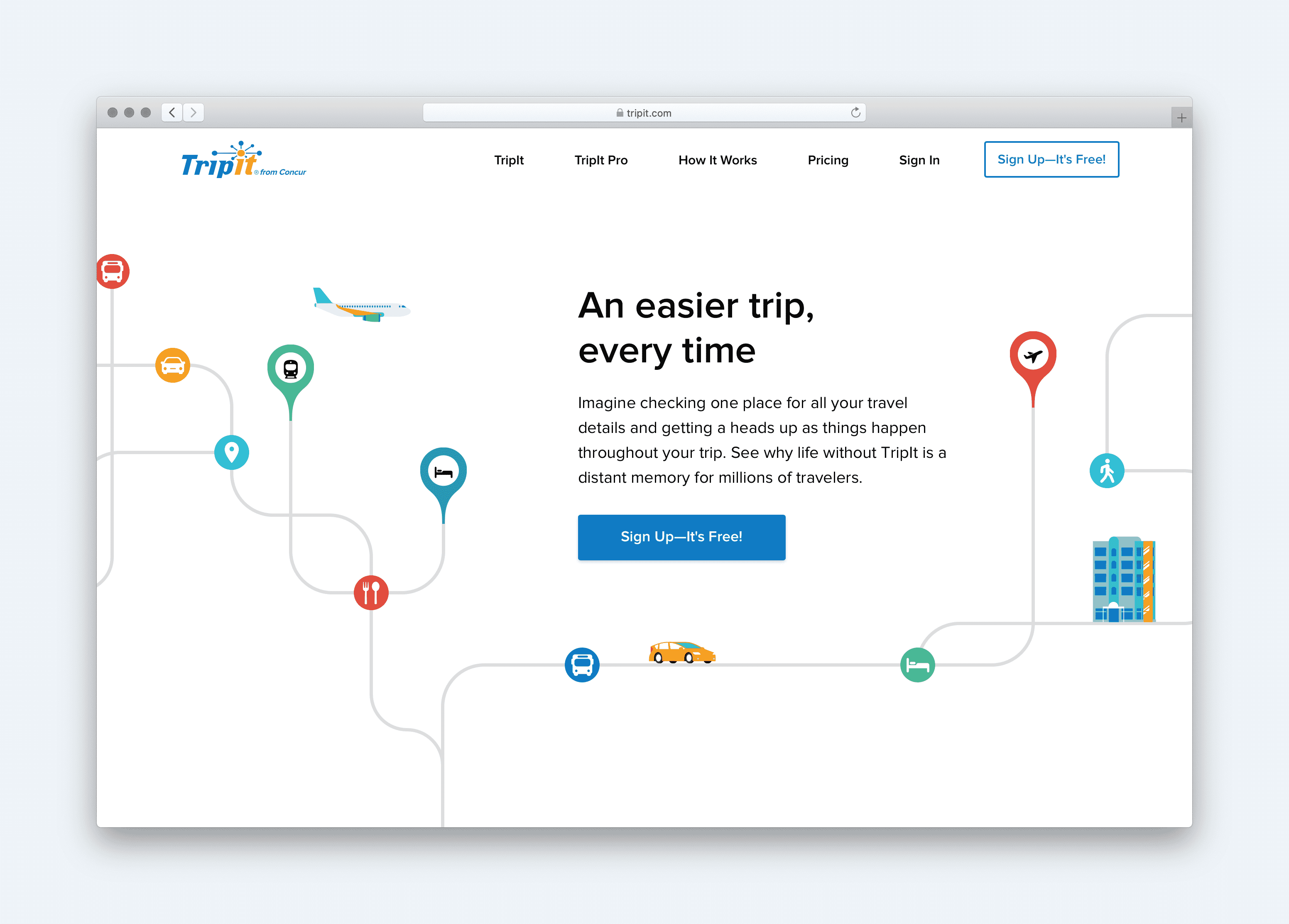 Tripit Homepage Design reading - an easier trip, every time.