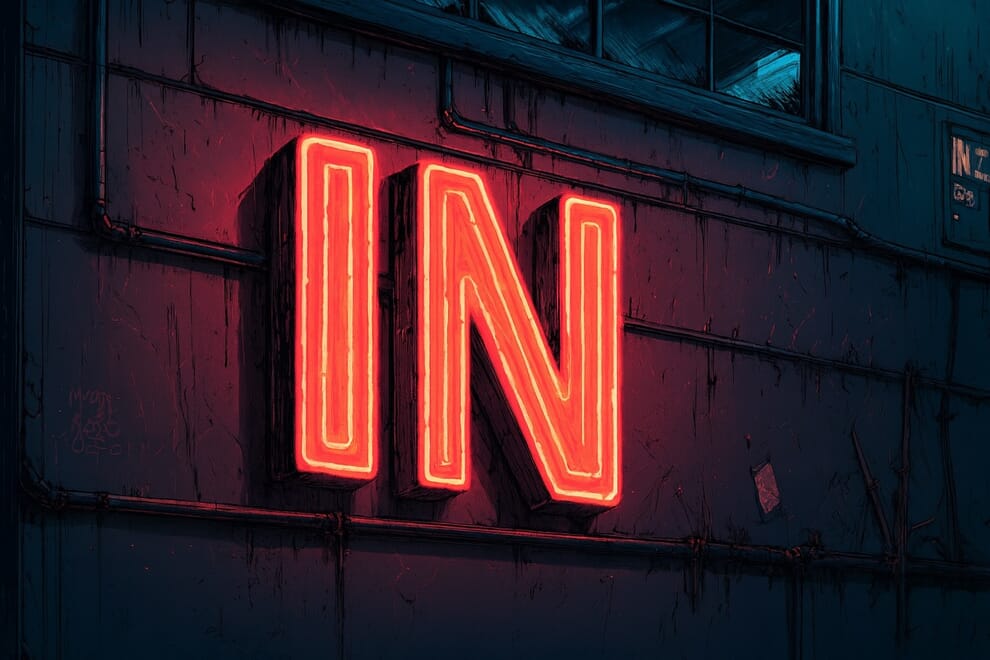 A neon sign reading "In"