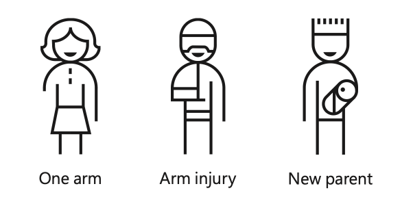 An image that makes the case for accessibility in a broader sense. A person with one arm. A person with an injured arm. New parent holding baby.