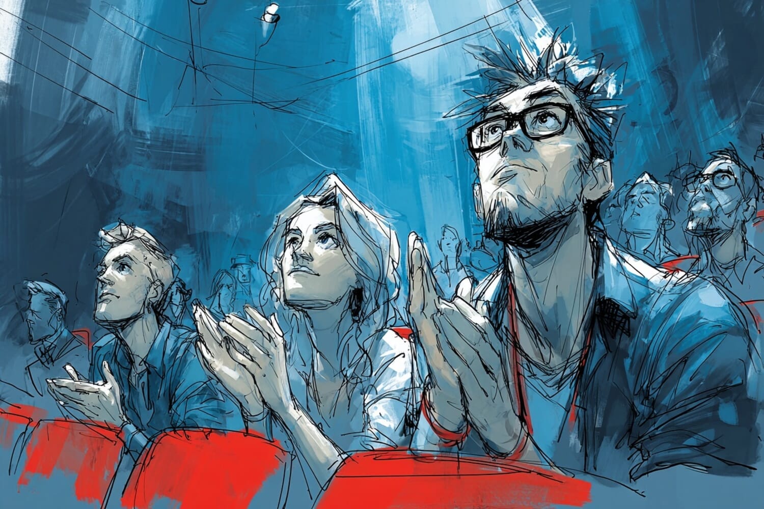 An audience in a theatre looking excited and clapping